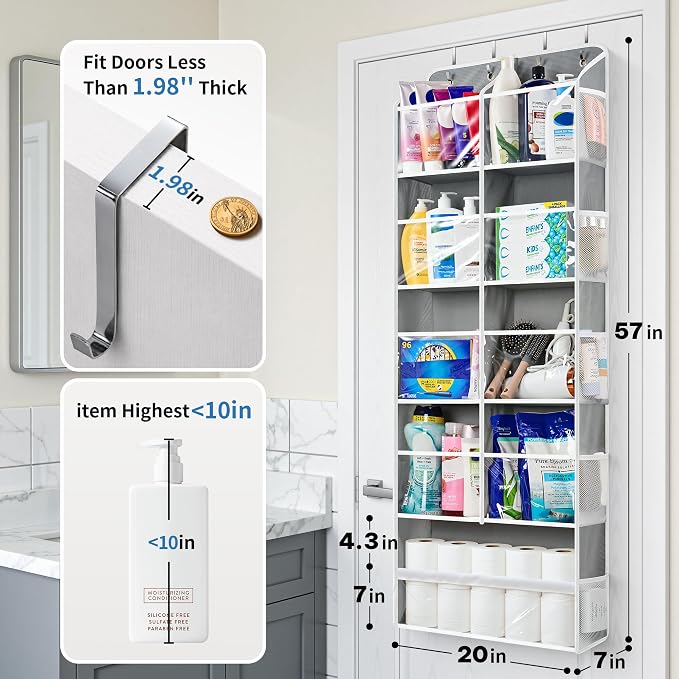 JARLINK Over the Door Organizer, Extra Large Storage for Bedroom, Grey | Anti-Tilt 100 lb Load Capacity, Hanging Door Organizer with 5 10 Mesh Pockets, Behind Door Storage for Bathroom, Nursery