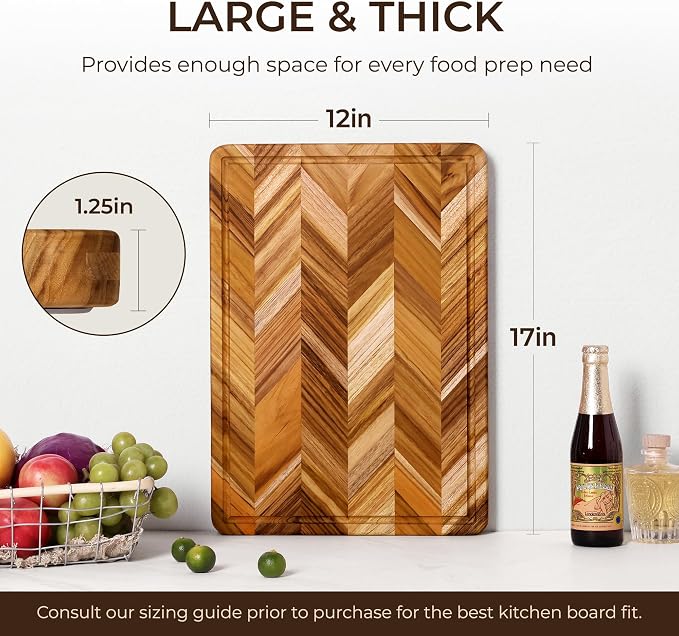 Teak Wood Cutting Board for Kitchen Large End Grain Heavy Duty Checkered Wooden Cutting Board Non Toxic Herringbone Charcuterie Butcher Block Non Slip Hardwood Chopping with Juice Groove Handle