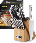 McCook Knife Set Kitchen Steel Knife Block Set w Built-in Sharpener | German Forged Stainless Steel,15 PC,Razor Sharp,Non-Stick&Anti-Rust,Ergonomic Handle,Full Tang,Gift Box