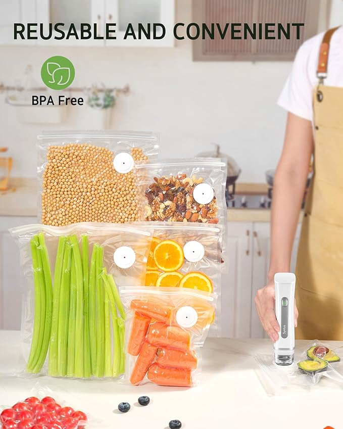 Syntus 40 Pcs Reusable Vacuum Sealer Bags for Food, S+M+L+XL | 8x8+10x11+12x13+12x19, Upgraded Air Valve, Microwave Freezer Sous Vide, Food Storage, Leak-Proof, for Compact Vacuum Sealer