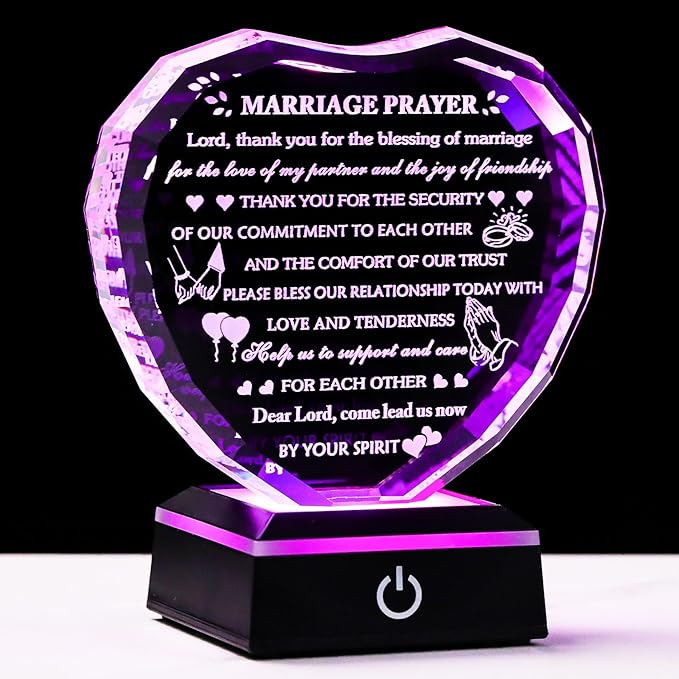 Arikyrist Wedding Gifts for Couples with Colorful LED Base 2026 Crystal Heart Anniversary Marriage Prayer Gifts, Newlywed Mr and Mrs Gift Decoration Sign Plaque Marriage Blessing Couple Bride Gift
