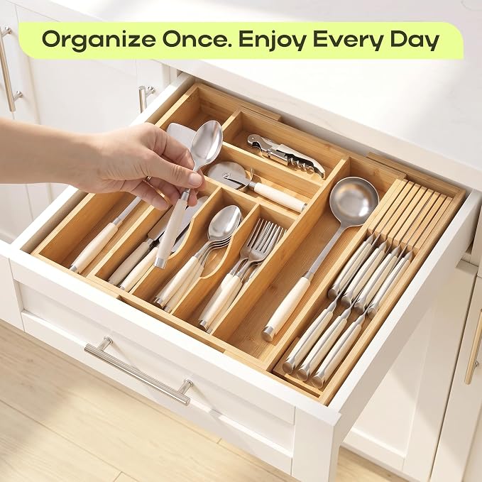 Drawer Organizer for Kitchen Organization – Expandable Bamboo Silverware Drawer Organizer with Removable Knife Block, Bamboo Cutlery, Non-Slip Utensil Organizer with 7-Slot Knife Storage for Flatware