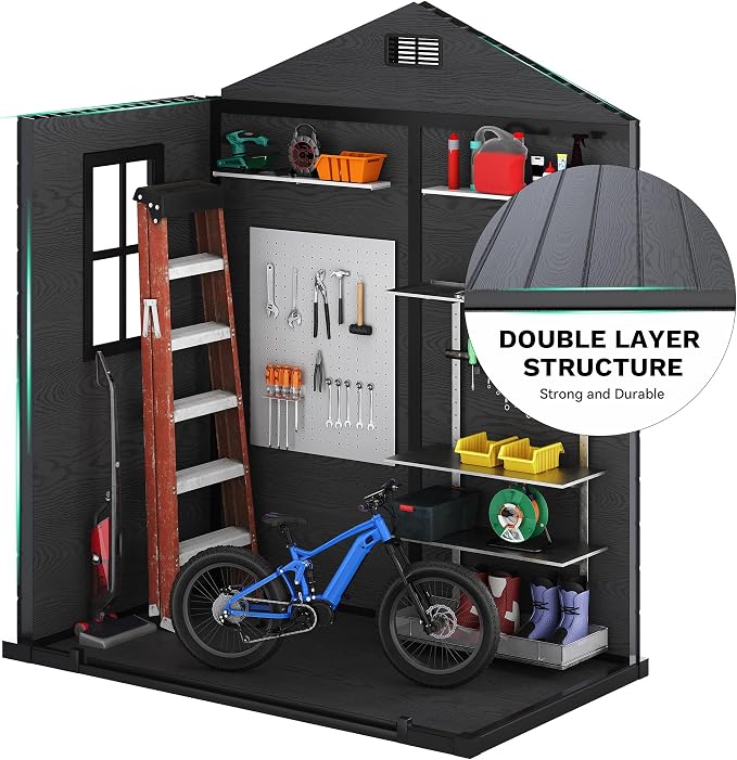 DWVO 6x4 FT Outdoor Resin Storage Shed with Reinforced Floor, All-Weather Bike Storage Shed with Lockable Door, Window and Vent, Waterproof Plastic Tool Shed for Garden, Backyard, Patio, Lawn