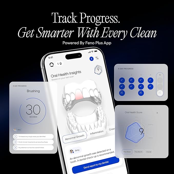 Feno Smartbrush Electric Toothbrush for Adults – AI-Powered Oscillating Toothbrush with App and Personalized Mouthpiece, 20-Second Deep Clean, Rechargeable, Includes 1 Bottle of Feno Foam Toothpaste