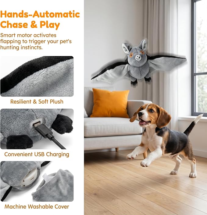 Flying Bat Dog Toy, Motion Activated Flapping Bat Cat Toy with Realistic Wings and Chirping Sounds, Rechargeable Remote Control Halloween Toy for Indoor Cats, Kittens and Small Dogs，1PC