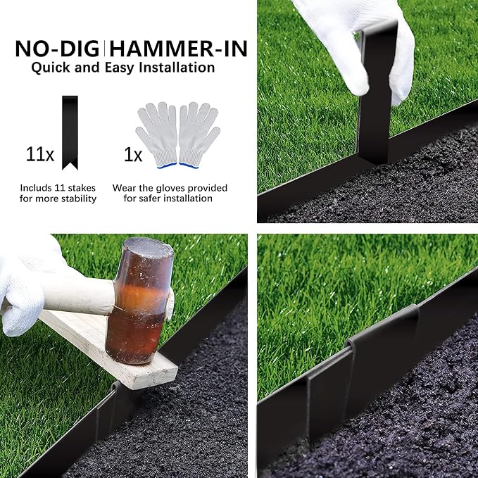 Worth Garden 10-Pack Galvanized Steel Landscape Lawn Edging - 4.5in H Black Powder Coated Bendable Metal Strips - Hammer-in Edging Border w/ 11 Clips - Yard Pathway Divider (33Ft Total)