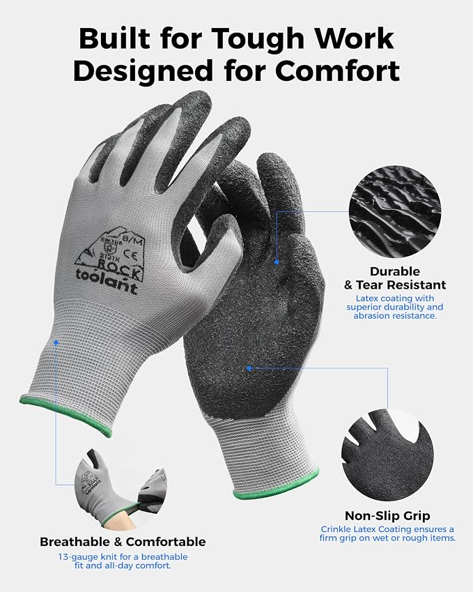 toolant Crinkle Latex Work Gloves Bulk, Rubber Coated Safety Work Gloves for Men and Women, 12 Pairs for Construction, Gardening, Warehouse (Gray, XL)