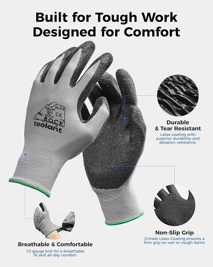 toolant Crinkle Latex Work Gloves Bulk, Rubber Coated Safety Work Gloves for Men and Women, 120 Pairs for Construction, Gardening, Warehouse (Gray, Medium)