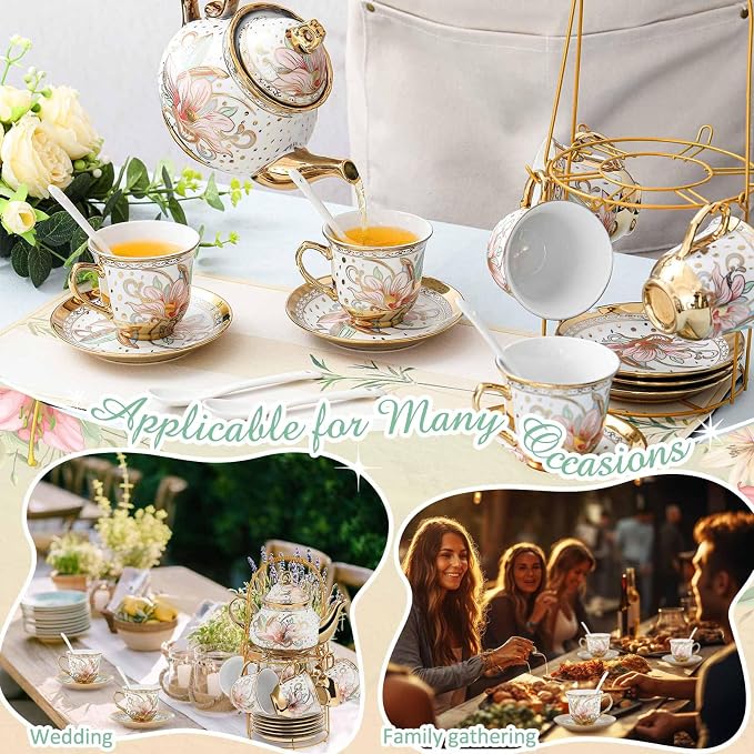 Zhehao 20 Pcs Porcelain Tea Set with Metal Holder and Spoon Adult Ceramic Tea Set European Flower Painting Teapot Cup Saucer Spoon for Women Mom Gift, Large Version (Traditional Style)