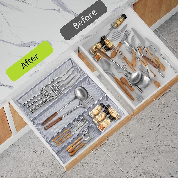 Neudeco Silverware Drawer Organizer, Pack 5, Silver | Utensil Organizer, For Large Utensils, Interlocking Arm, Cutlery Tray for Knives Fork Spoon
