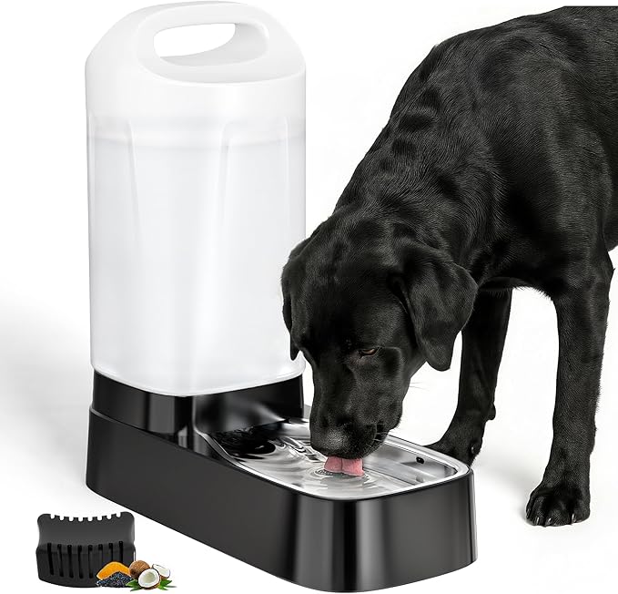 Automatic Dog Water Bowl Dispenser with Filter - 2.4 Gal Large Gravity Auto Pet Water Feeder Waterer with Stainless Steel Bowl & Easy Carry Handle for Large Dog Cat Multi Pet Use
