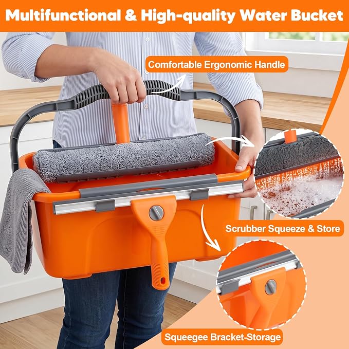 Window Cleaning Kit with Bucket 3 Gallon & 76" Squeegee Scrubber | Professional Window Washing Equipment with Long Handle, Compelete Window Cleaner Tools for Home Outdoor Commercial Car
