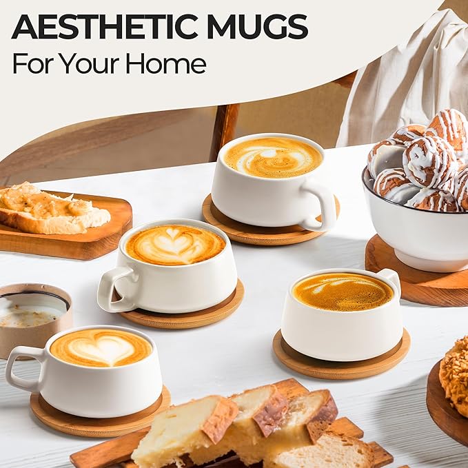 MIAMIO - Cappuccino Cup Set of 4, Ceramic, Wide (9.5oz) - Luxe (White) | Ceramic cappuccino cups and saucers, wide latte cups and mugs for Americano, 4-piece set of ceramic cups, dishwasher safe