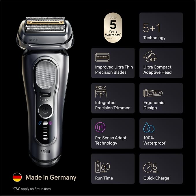 Braun Series 9 PRO+ Electric Shaver for Men, Wet & Dry Foil Razor, 6-in-1 SmartCare Clean & Charge Center, Built-in Precision ProTrimmer, ProComfort Attachment, Travel Case, Silver 9697cc