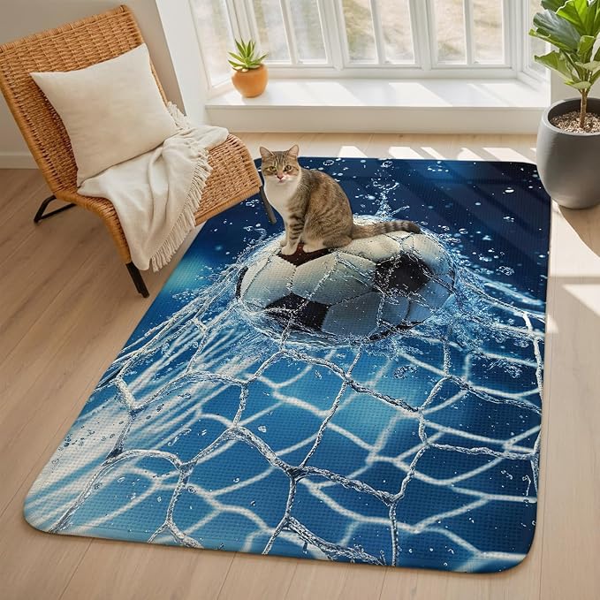 Soccer Ball Washable Area Rugs for Living Room Bedroom, Large Non Slip Indoor Floor Carpet Absorbent Low Pile Wet Net Power Shot Blue Football Door Mat Rugs for Bathroom Entryway 63"x78.7"