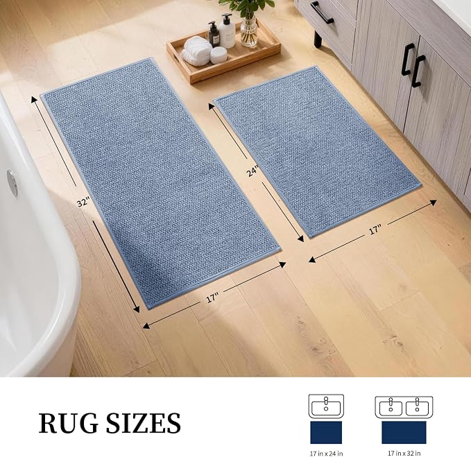 YIHOUSE Navy Blue Bathroom Rugs Sets 2 Piece, Quick Dry Thin Bath Mat, Non Slip Absorbent Machine Washable, Bath Rugs for Bathtub Sink Home Decor (17"x24" + 17"x32")