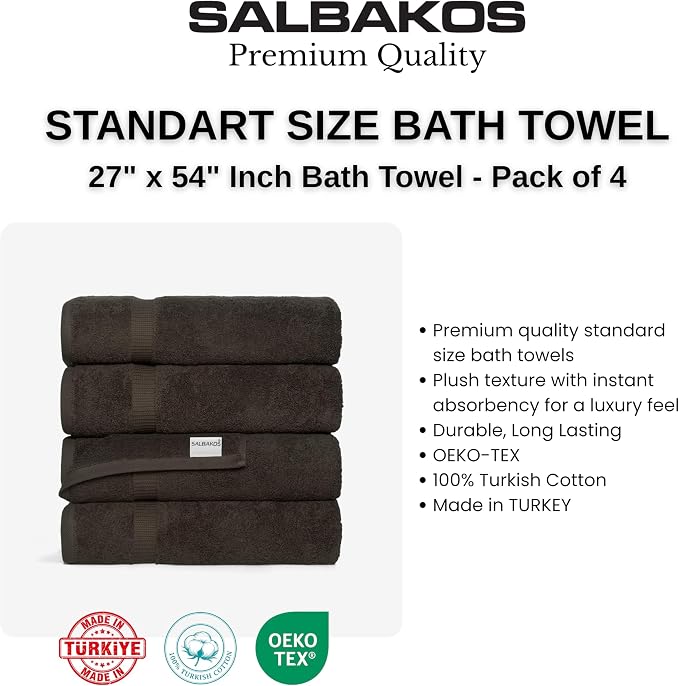 SALBAKOS 4-Piece 100% Turkish Cotton Bath Towels, 27x54 inch, Chocolate | Standard Size, 630 Gsm Thick Super Soft Highly Absorbent Quick-Dry Bathroom Towel, Premium Hotel & Spa Quality Made in Turkey