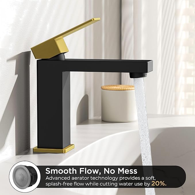 FORIOUS Single Handle Bathroom Faucets Black and Gold, 1or 3 Hole Bathroom Sink Faucet with Pop-up Drain