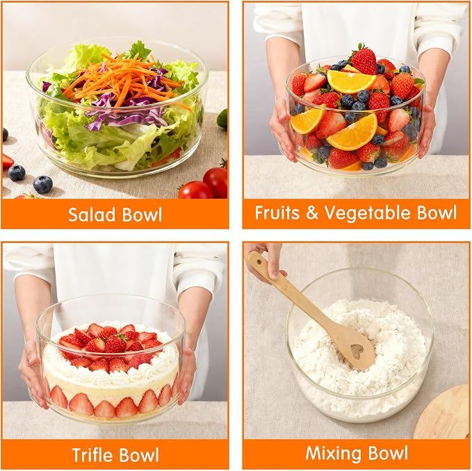 215oz Extra Large Glass Trifle Bowl with Sealing Lid 10 Inch Large Salad Bowl with Wood Serving Utensils Versatile Mixing and Serving Container for Laying Ice Cream Cake Fruit Dessert