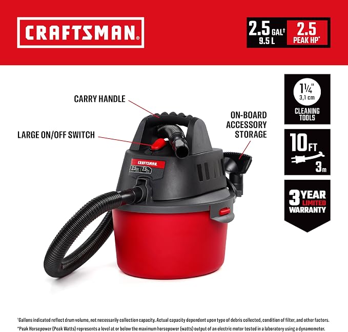 CRAFTSMAN CMXEVBE17250 2.5 Gallon 2.5 Peak HP Wet Dry Shop Vacuum