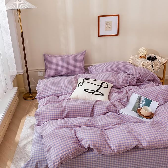 mixinni Purple Gingham Grid Duvet Cover Full, 100% Washed Cotton Modern Geometric Bedding Set with 2 Pillowcases, Farmhouse Style Yellow Plaid Comforter Cover Set for Men & Women, Soft & Lightweight