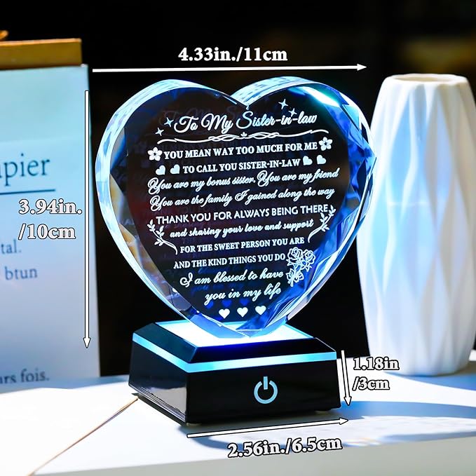 Arikyrist Meaningful Sister in Law Gifts with Colorful LED Base Wedding Birthday Gifts for Sister in Law Heart Crystal Keepsake Gift Ideas for Mother's Day Christmas Thanksgiving