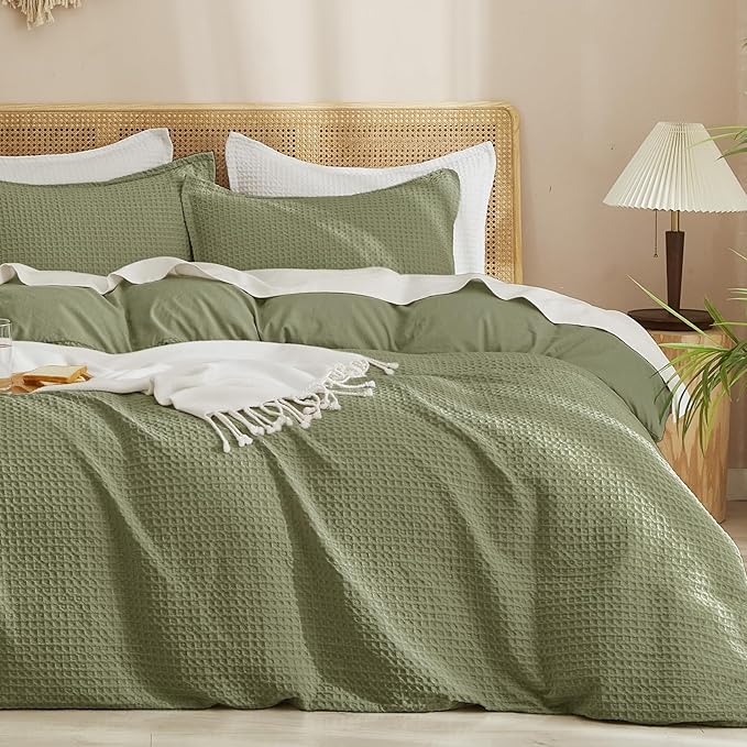 PHF Waffle Weave Duvet Cover Set Queen Size, No Snagging Ultra Soft Luxury Textured Breathable Comforter Cover for All Season 3pcs, Durable Bedding Duvet Set with 2 Pillow Shams, 90"x90", Olive Green