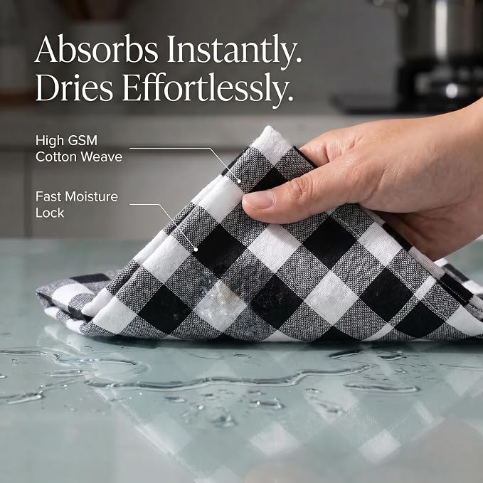 Urban Villa Kitchen Towels 100% Cotton Dish Towels for Kitchen (Set of 6) 20”x30” Dish Cloths Highly Absorbent Kitchen Linen Set with Hanging Loop Perfect for Drying Dishes Cleaning – Black White