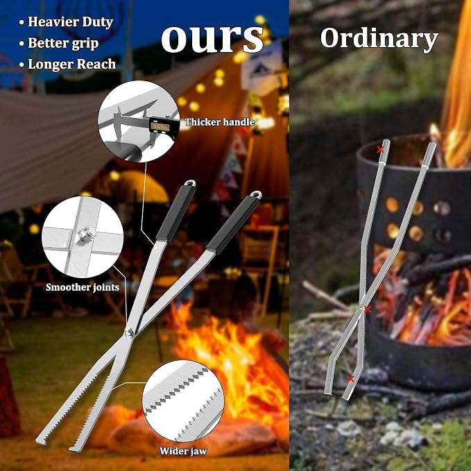 MOOFI Heavy Duty Fire Tong & Poker Set, Firewood Grabber 27.7" Long-Handle Carbon Steel Log with Serrated Grip Tong, Tools Sets For Fire Pit, Fireplace, Wood Stoves, Campfires, Bonfires & BBQ Grills