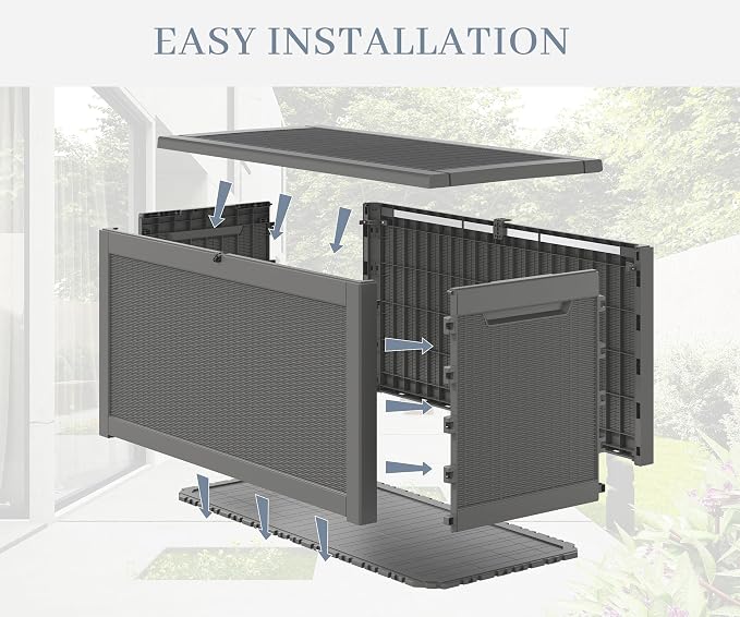 300 Gal Deck Box, Outdoor Storage Box Waterproof Lockable, Gas Lift,Grey | Large sturdy resin deck box, double wall panels, waterproof backyard storage for package delivery, garden hoses outdoor tools