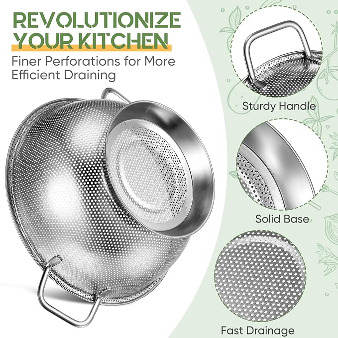 Bokon 3 Pcs Stainless Steel Colander Set Colander Bowl and Sieves 1/3/5 Quart Metal Mesh Strainer Net Basket with Handles Food Spaghetti Strainer for Kitchen Draining Pasta Rinsing(Silver)