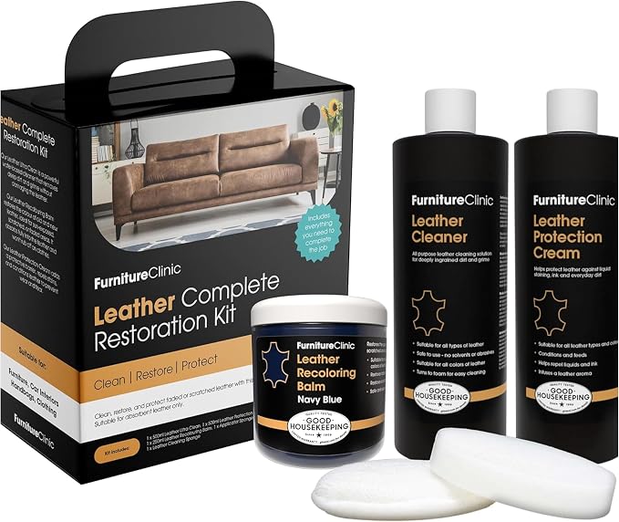 Furniture Clinic Leather Complete Restoration Kit | with Leather Recoloring Balm, Cleaner, 2-in-1 Protection Cream & Conditioner, Sponge, and Cloth | Repair Kit for Furniture (Navy Blue)