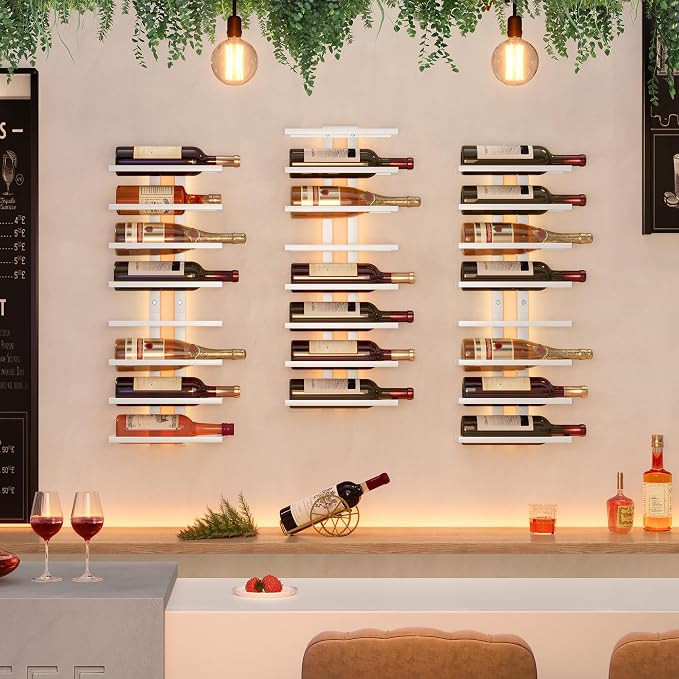 Hoctieon 3-Set 8 Tier Wall Mount Wine Rack (24 Tiers), Wall Racks for Wine Bottles Display and Storage, Hanging Bottle Organizer for Living Room, Dining Room, Wine Cellar, Bar, White