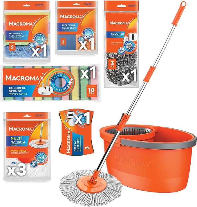 Home Cleaning Kit with Faster Spin Mop Bucket Refills Cloths Sponges Scourers Household Supplies Set