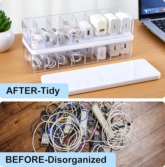 Tatuo 6 Pcs Cable Organizer Box with Wire Ties, Plastic Cord Storage Box with Lid, Electronics Organizer for Home Office Desk Organizers and Accessories (Clear,White)