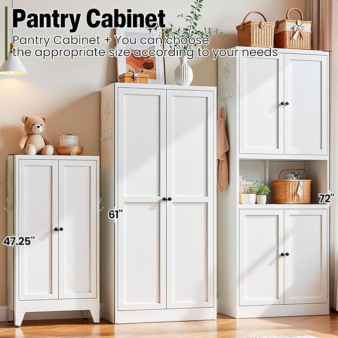 AQY Metal Pantry Cabinet, 72" White Kitchen Storage Cabinet with Doors | Microwave Stand 3 Adjustable Shelves Freestanding Storage Metal Cabinet Kitchen Organization
