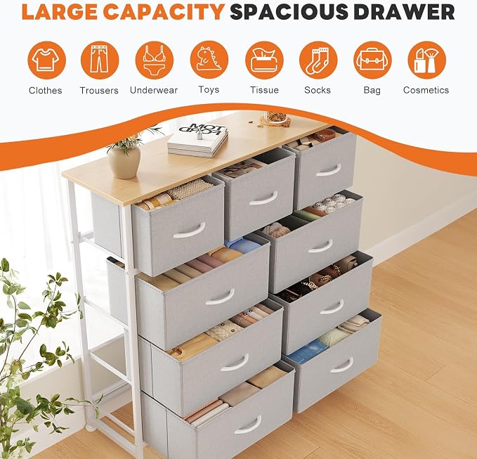 Sweetcrispy 9 Drawer Fabric Dresser Storage Tower with Wood Top and Steel Frame, Organizer Chest with Easy Pull Handles for Bedroom, Closet, Hallway,Light Gray