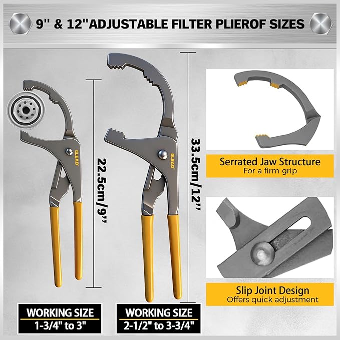 ELEAD 9-Piece Ultimate Oil Filter Wrench Set - Professional Oil Filter Removal Tool, Swivel Head Oil Filter Wrenches, Adjustable Oil Filter Remover Pliers, Universal Oil Filter Wrench and Valve Lapper