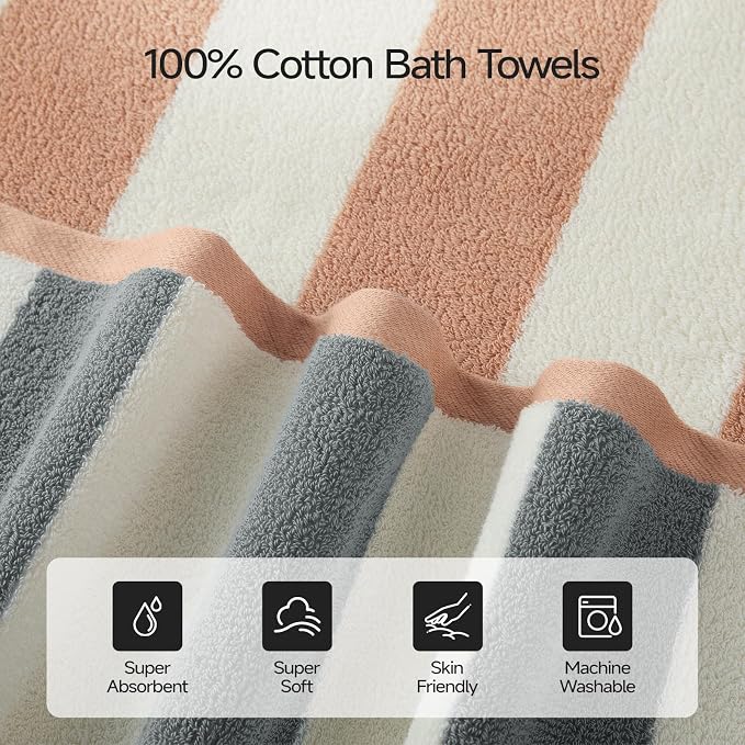 REDKISS 2 Pack Extra Large Striped Bath Towels, 31 x 63 Inches, 100% Cotton, Larger & Quicker to Dry, Super Soft and Highly Absorbent Towel, Perfect for Bathroom, Grey
