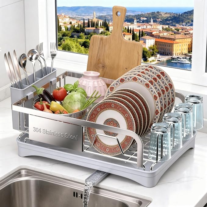 Dish Drying Rack -304 Stainless Steel Dish Rack for Kitchen Counter | Dish Drainer with Cutlery Knife Fork & Cup Rack, Auto-Drain to Sink, Gift for Wife Mothers Her, Home & Family Gadgets, Silver