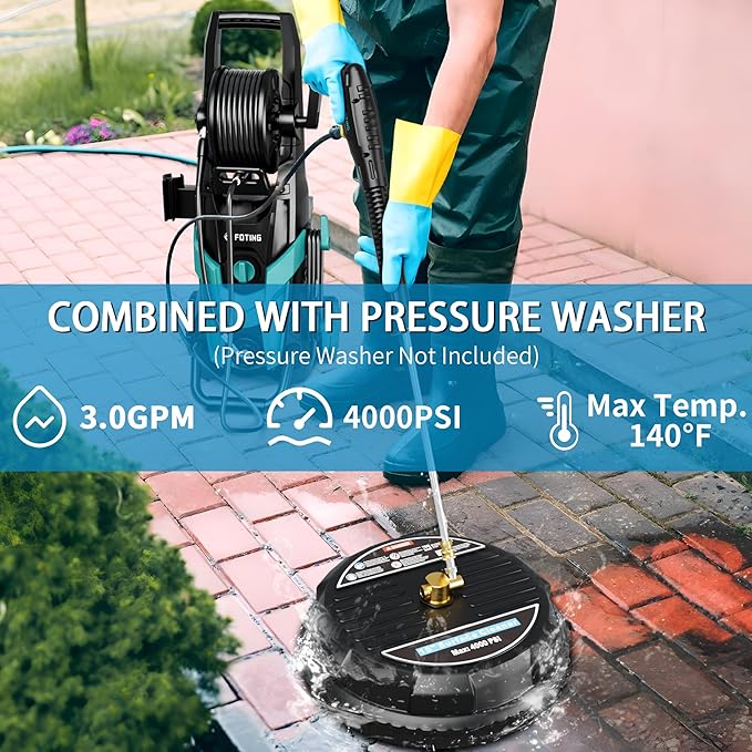 FOTING Pressure Washer Surface Cleaner Attachment, 4000 PSI 3.0GPM Power Washer Accessory Rotary Brush with 2 Nozzles - 1/4" Quick-Connect for Driveway Outdoor Patio Housing Cleaning, 15"