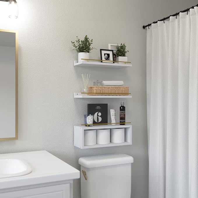 WOPITUES Floating Shelves for Wall with Cube Shelf, Wall Shelves with Metal Rail for Decor, Bathroom Organizers and Storage, Over Toilet Shelves for Bathroom, Toilet Paper-White&Gold