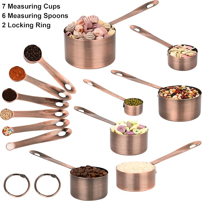 Measuring Cups and Spoons Set, Copper Measuring Cups and Spoons Set for Baking & Kitchen, Stainless Steel Measure Cup and Spoon for Dry &Liquid, Metal 7 Measure Cups&6 Spoons