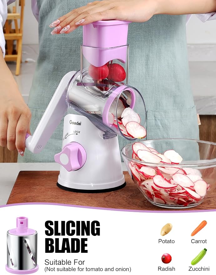 Geedel Rotary Cheese Grater, Kitchen Mandoline Vegetable Slicer with 3 Interchangeable Blades, Easy to Clean Rotary Grater Slicer for Cheese, Vegetables, Nuts