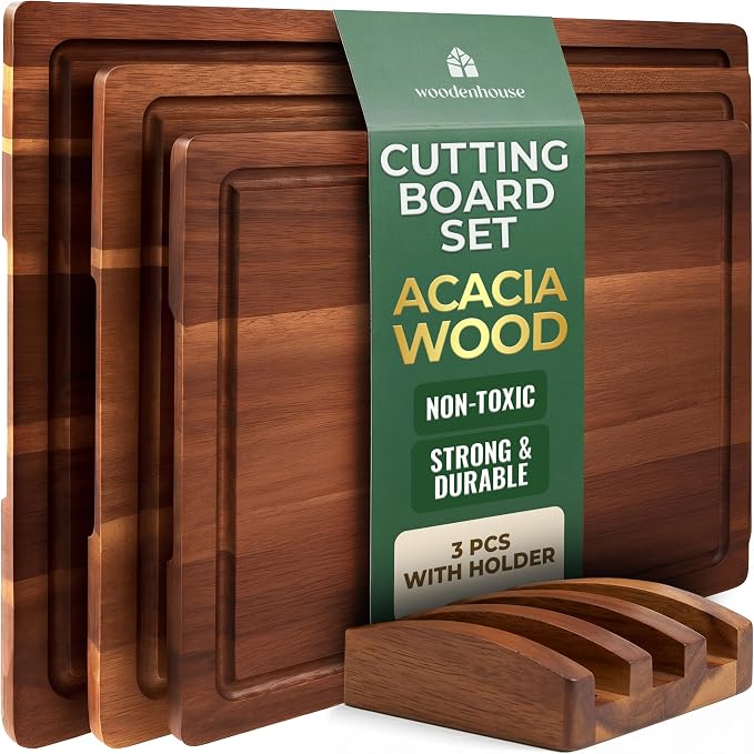 Acacia Wood Cutting Board Set of 3 with Holder & Juice Grooves | Built-in Handles, Durable – for Chopping, Food Prep & Serving as a Charcuterie Platter