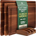 Acacia Wood Cutting Board Set of 3 with Holder & Juice Grooves | Built-in Handles, Durable – for Chopping, Food Prep & Serving as a Charcuterie Platter
