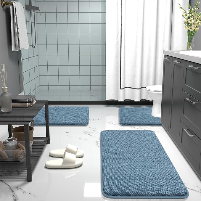 OLANLY Memory Foam Small Bathroom Rugs 24x16, Absorbent Bath Mat, Airy Blue | Soft Quick Dry Bath Mat Rugs, Non-Slip, Machine Washable Mat for Bathroom Floor, Tub and Shower, Home Decor Accessories