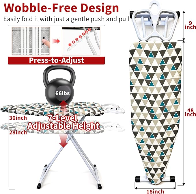 Ironing Board, 48"×18" with Iron Rest, 7 Adjustable Height 4 Layer & Sturdy | Extra Large Iron Board with Bulit-in Hook, Heat Resistant Cover and Pad for Home Apartment Dorm Laundry Room, Gray Green