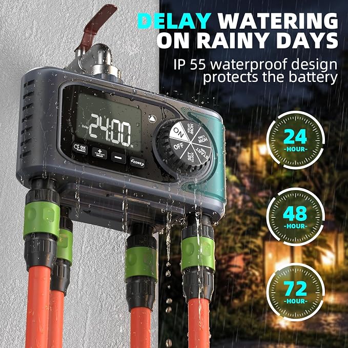 Sprinkler Timer 4 Zone, Programmable Water Timer for Garden Hose with Rain Delay, Manual and Automatic Irrigation Controller System, 4 Outlets Timed Irrigation Controller System for Lawn