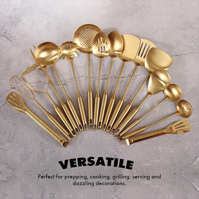 Gold Cooking Utensils Set - 16 PCS All Metal Small and Large Spoons Set | 18/10 Stainless Steel Kitchen Tools, 15″ Serving Utensil - Whisk, Masher, Fork, Tongs, Spatula, Turner, Ladle, Skimmer, Pasta
